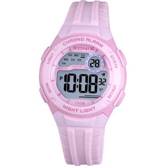 Lichtroze Xonix kinderhorloge met digitale wijzerplaat. "CHRONO ALARM" en "NIGHT LIGHT" teksten op de wijzerplaat.