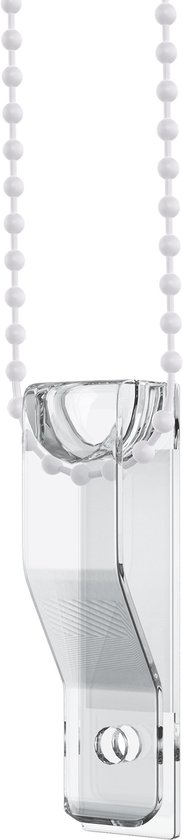 Transparante klembevestiging voor een rolgordijn, met een witte kralenketting.