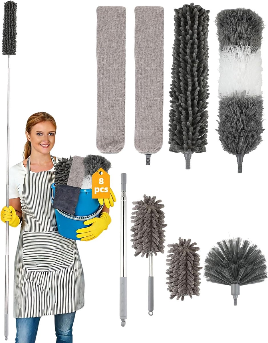 Telescopische Stofdoek Set - Verstelbaar tot 250 cm - Inclusief Wasbare Microvezel Stofwissers voor Hoge Plafonds en Spinnenwebben