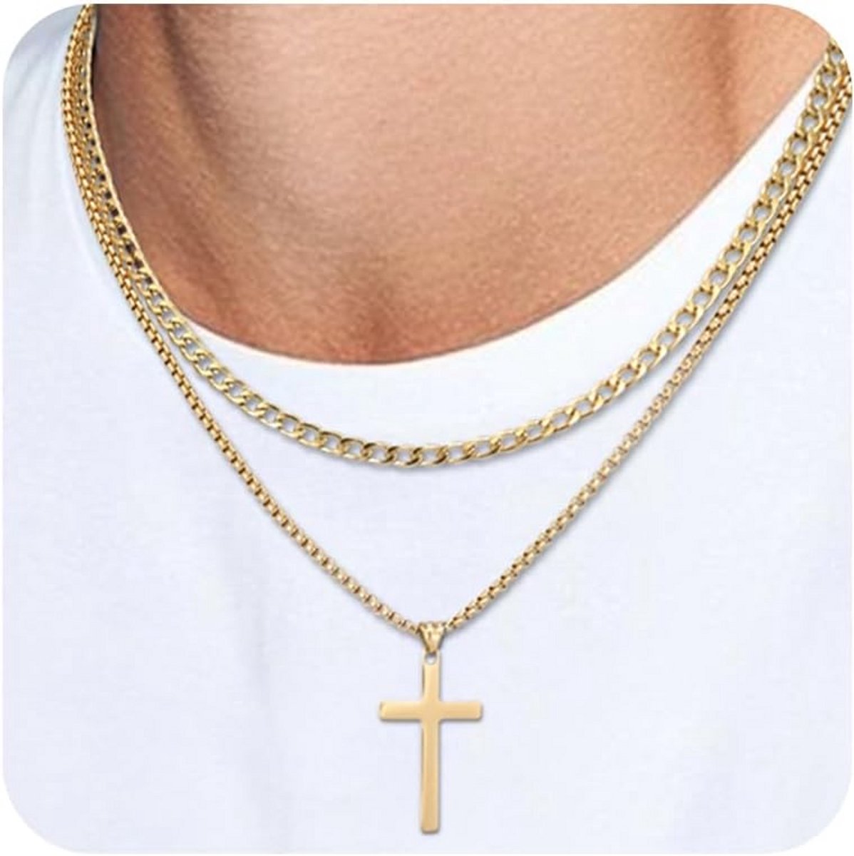 Herenketting Roestvrij Staal met Kruis hanger Gelaagde Opties Zilver Goud Zwart