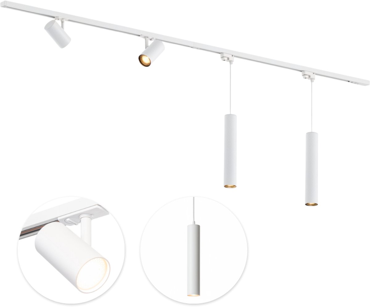 Qub Viror Railverlichting - Wit - 200 cm - I-Vorm - 2 Mesh Spots & 2 Hanglampen - Dimbaar - Complete Set