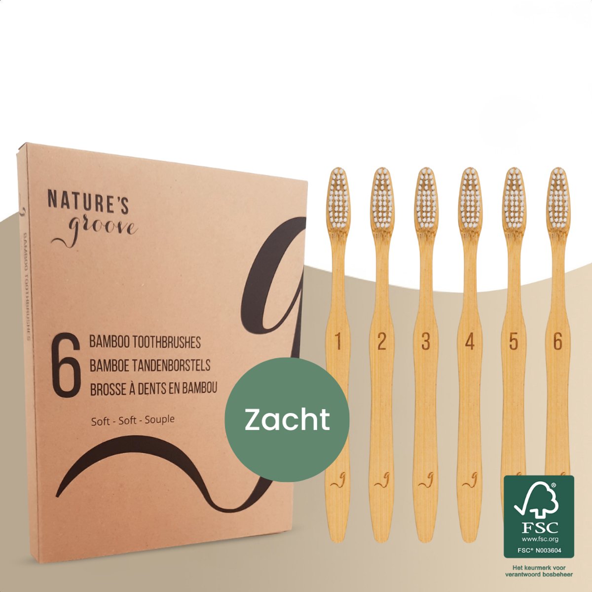 Nature’s Groove® Bamboe Handtandenborstels Soft - Set van 6 - Handmatige Houten Tandenborstel