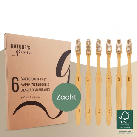 Doos met 6 zachte bamboe tandenborstels van Nature's Groove. Met FSC®-logo.