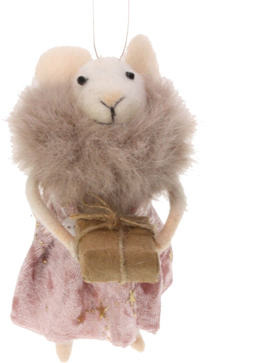 Decoaatief beeld Muis met rok en cadeau 6x12x12cm