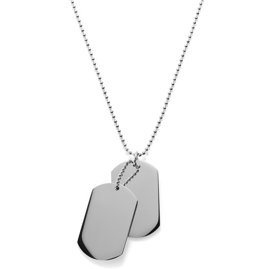 Dubbele, gepolijste zilverkleurige dogtaghanger aan een balletjesketting.