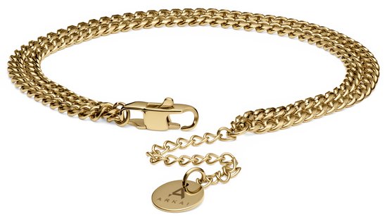 Gouden dubbele schakelarmband met karabijnsluiting en coinbedel met 'A ARKAI'.