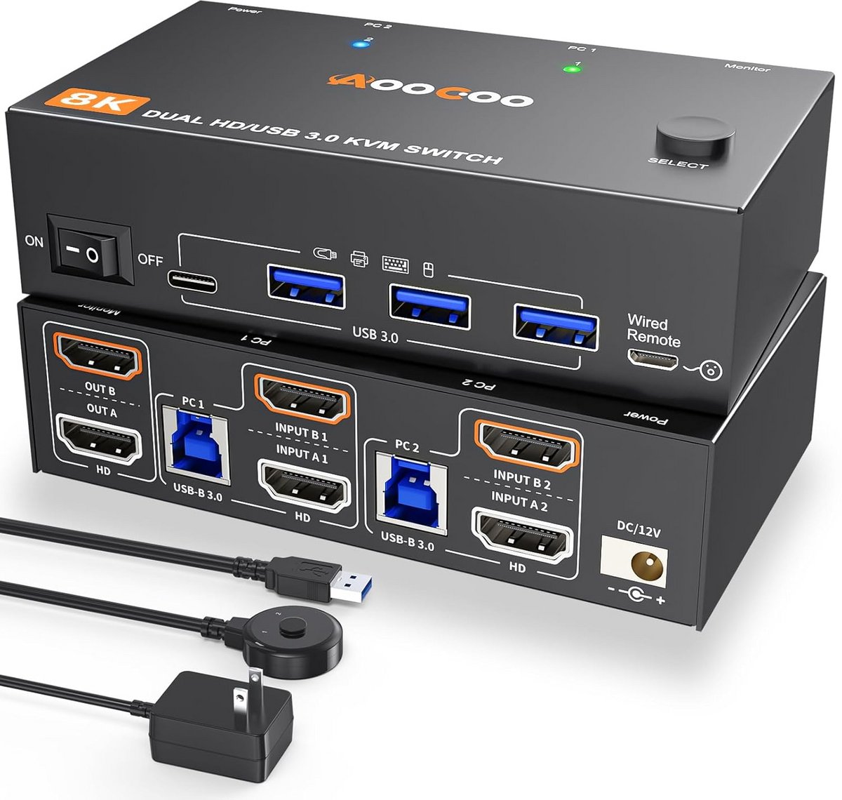 KVM Switch HDMI 8K/4K voor 2 Computers en 2 Monitoren met 4 USB 3.0 Poorten
