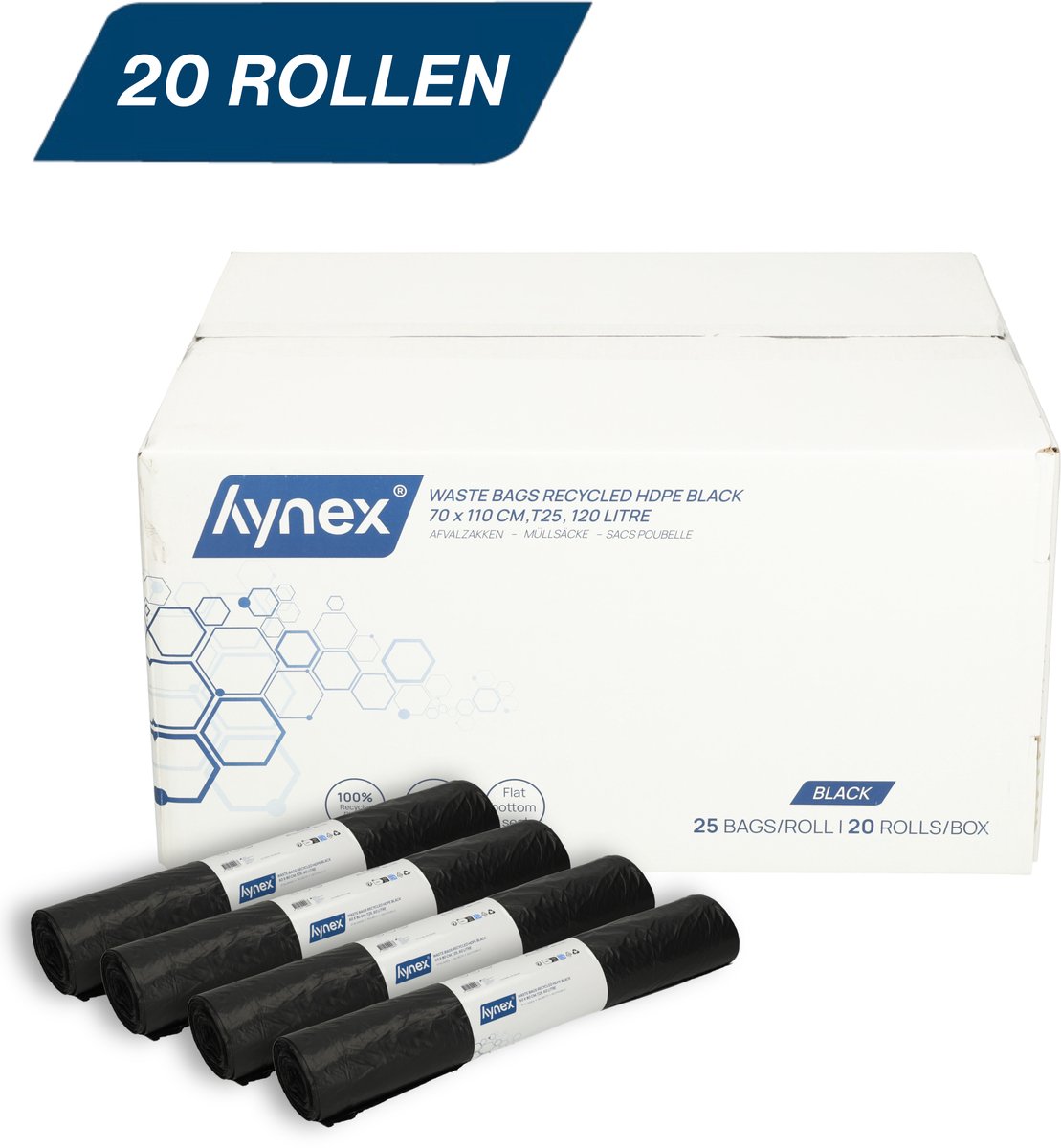 Hynex Vuilniszak 120 Liter - 500 stuks - Afvalzakken - Gerecycled HDPE - 70 x 110 cm - 20 rollen x 25 stuks - Zwart