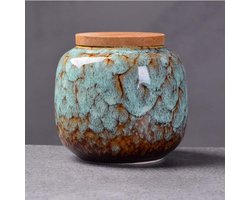 Keramische pot - Retro Chinese keramische voorraadpot met bamboe deksel, geschikt voor keukenkruiden, thee, koffie en specerijen (lichtblauw)