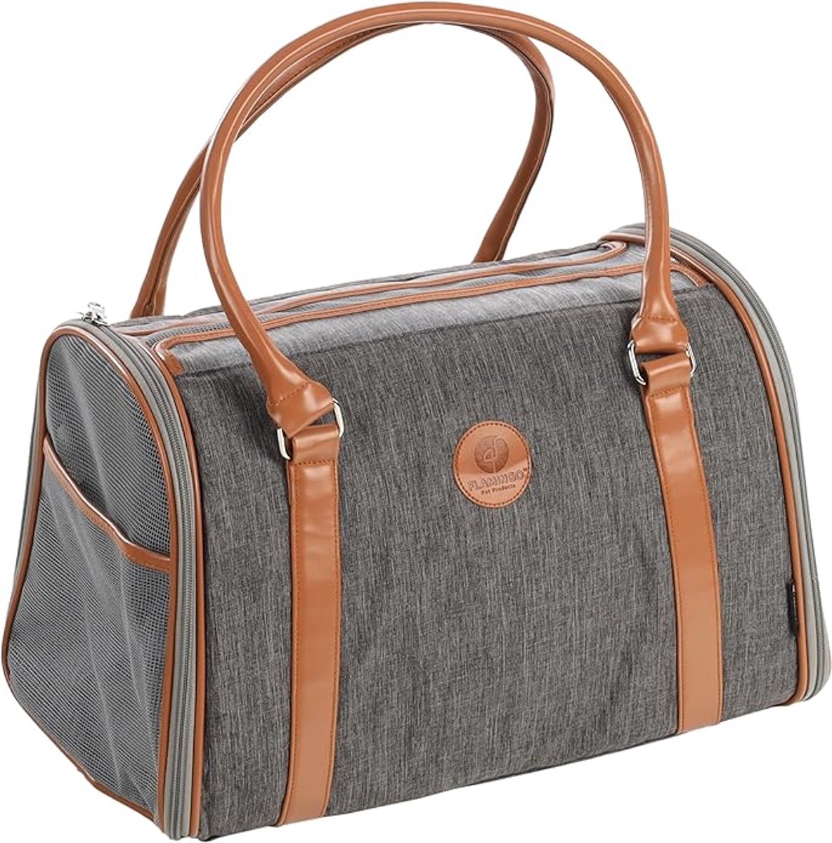 Draagtas hond – Draagtas kat – Flamingo Sitka Grijs – 45 x 25 x 28 cm – ritssluiting zijkant – uitneembare bodem – 2 opbergvakken – voetjes – veiligheidsriem – reistas hond & reistas kat