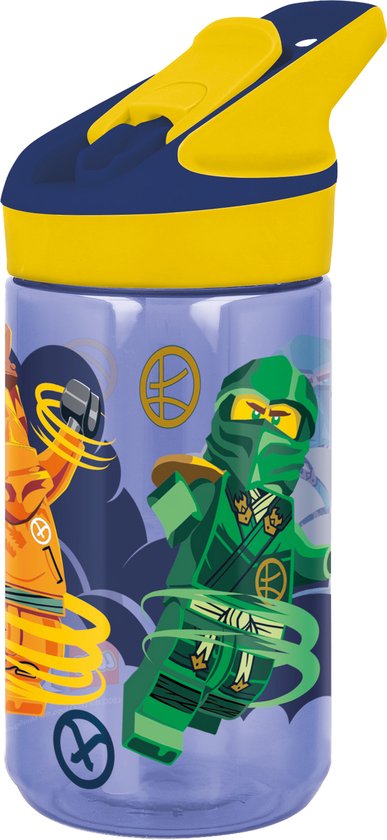 Paarse transparante drinkfles met LEGO Ninjago Kai en Lloyd, met blauwe en gele dop.