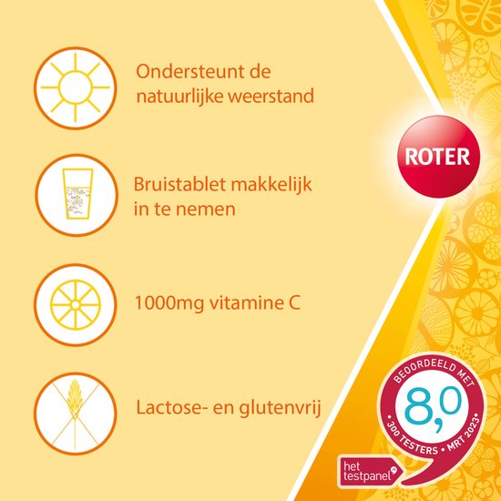 Roter Vitamine C 1000mg bruis - Hoge dosering vitamine C ter ondersteuning van je natuurlijke weerstand - 40 bruistabletten met abrikoos-sinaasappelsmaak