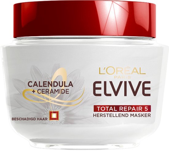 L'Oréal Elvive Total Repair 5 Herstellend masker met Calendula + Ceramide, pot met rode deksel.