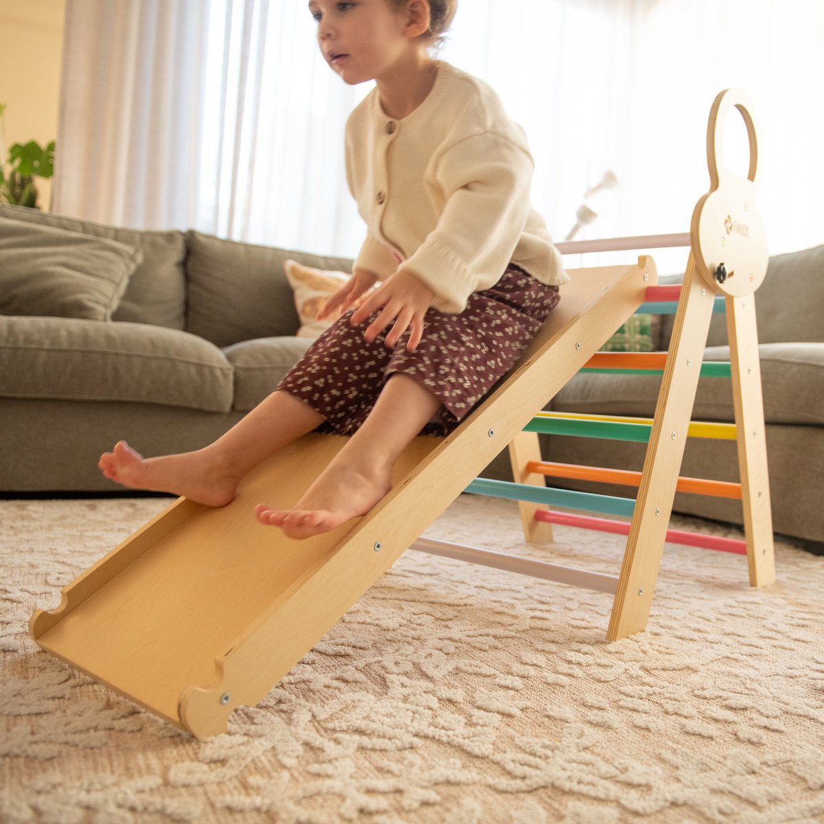 FINOOS Klimrek - Klimdriehoek - Klimboog - Glijbaan - Montessori - Houten Speelgoed - Regenboog — afbeelding 10