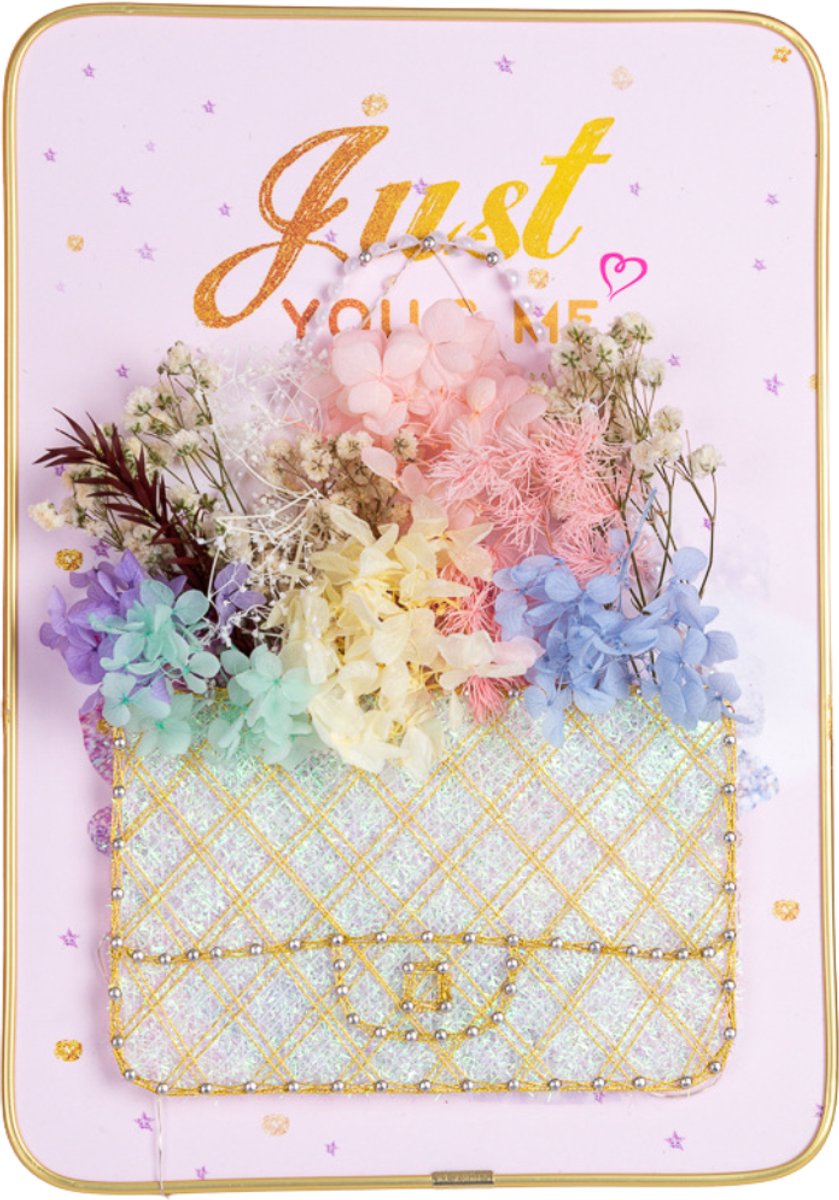 String art set – DIY knutselset – draadkunst – handwerk – decoratief creatief project – met ledlichtjes en droogbloemen - Glow Purse