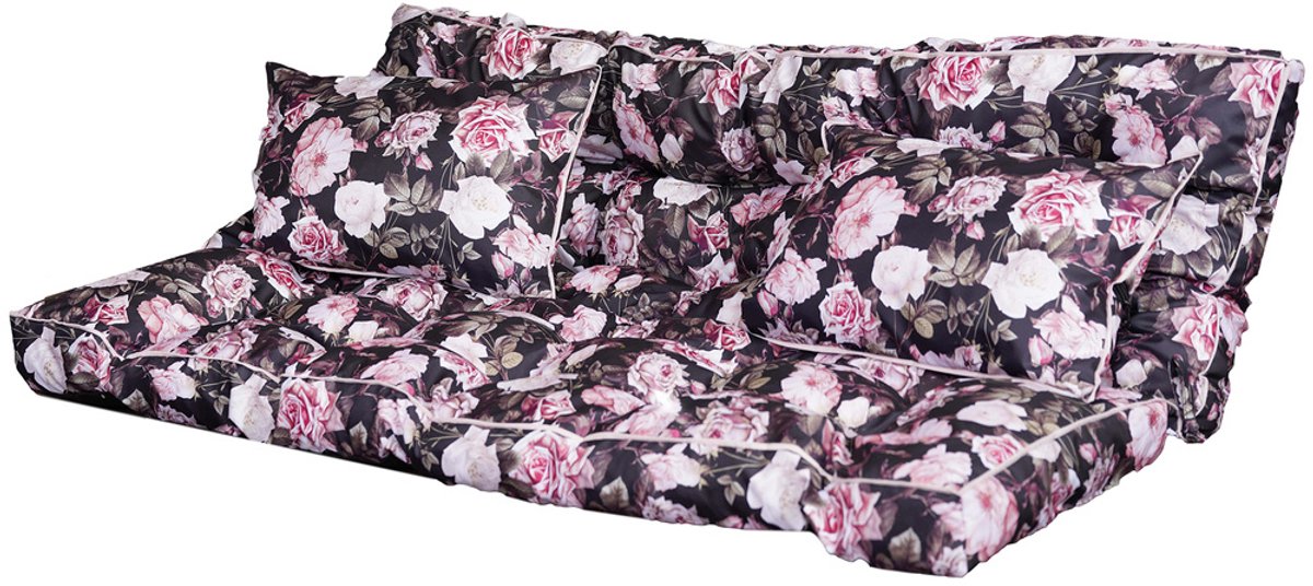 Blomster – Gewatteerd kussen voor tuinschommel en tuinbank – Waterafstotend – Met bevestigingslinten – Set met 2 extra kussens – Zwart met rozen