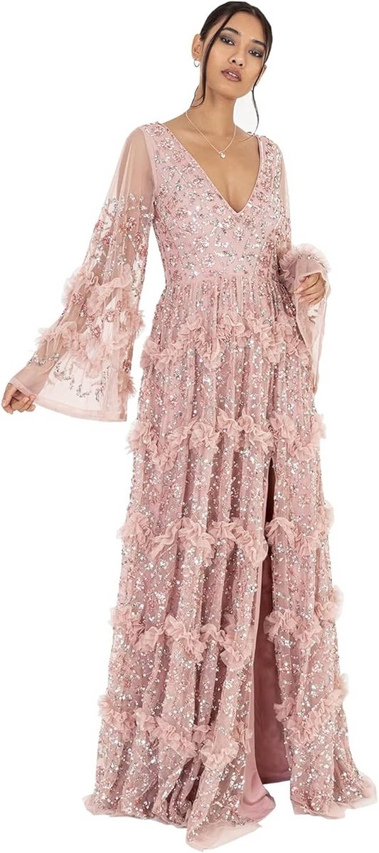 Lange Maxi Jurk Dames Pailletten V-Hals Empire Taille Split