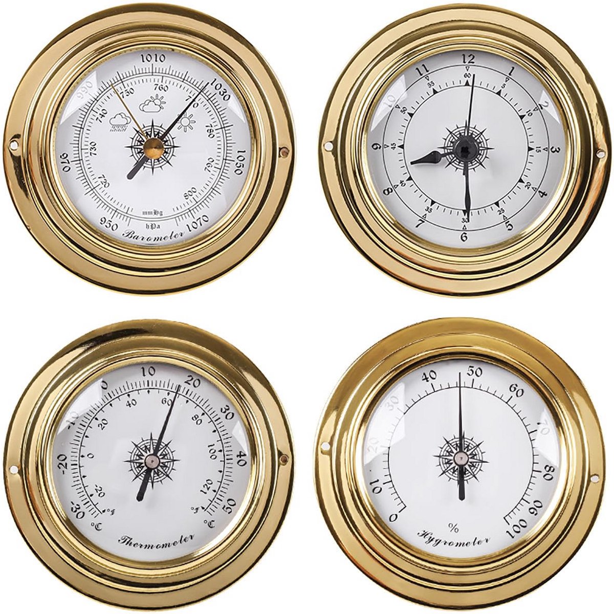 Set van 4 Analoge Weerstations: Barometer, Thermometer, Hygrometer en Klok voor Binnen en Buiten