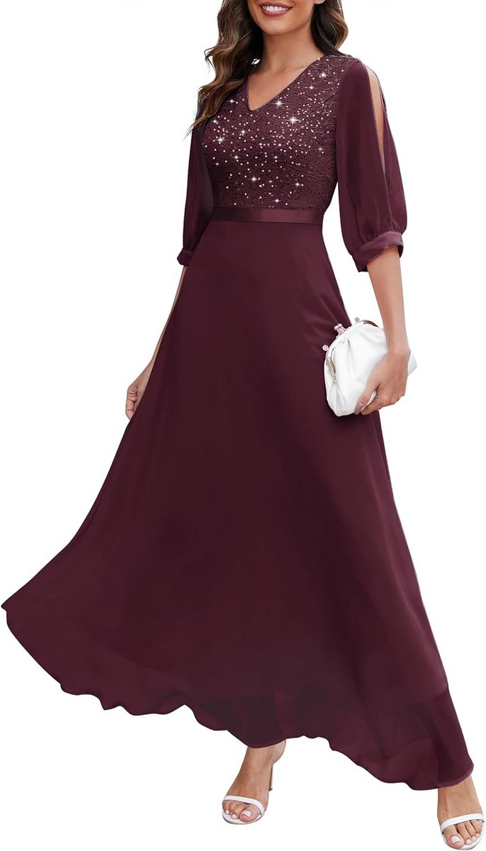 Elegante Avondjurk met V-hals en Kantdetails voor Bruiloft en Cocktail