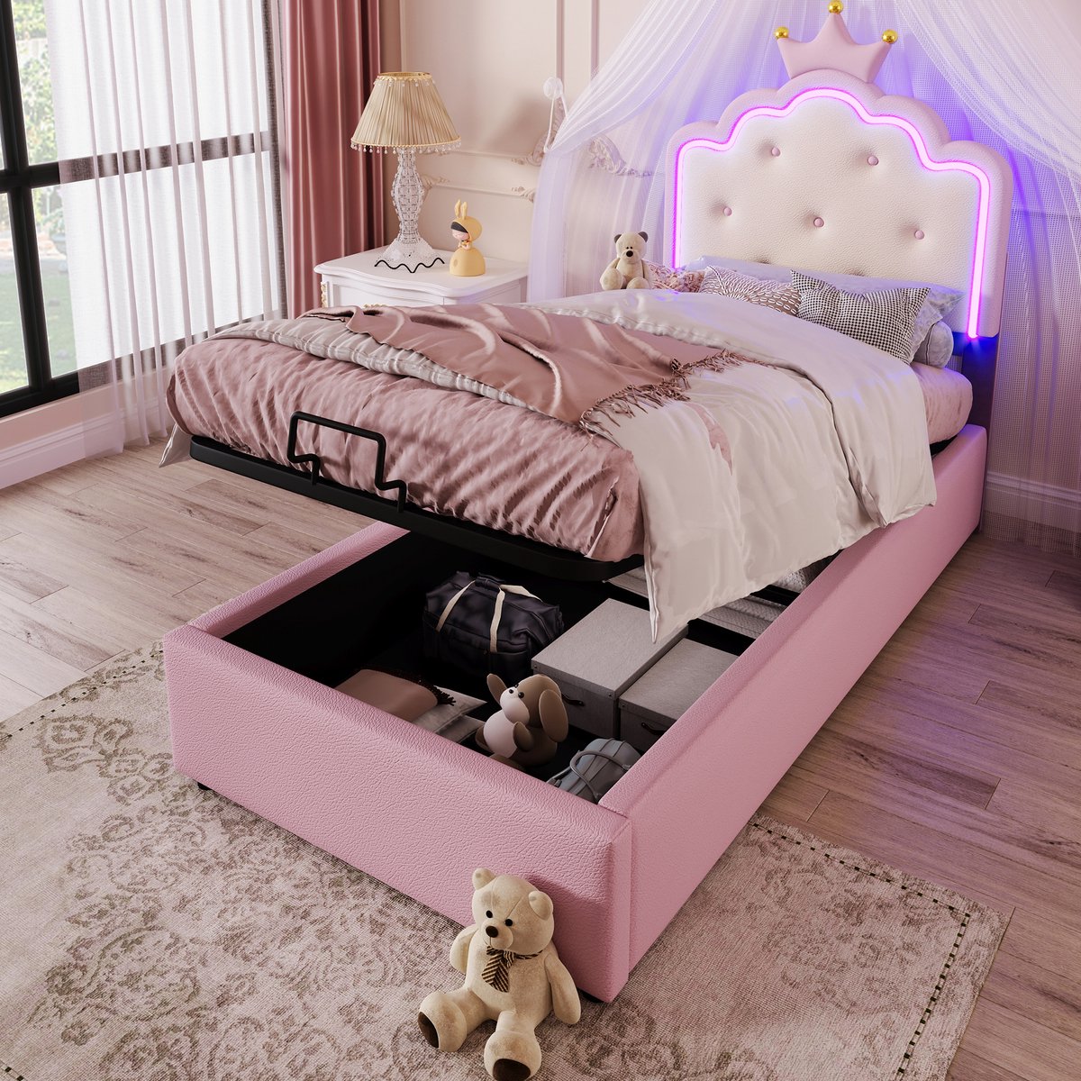 MODFU Bedframe 90x200 cm – Roze PU met prinsessenstijl & LED – Hydraulisch
