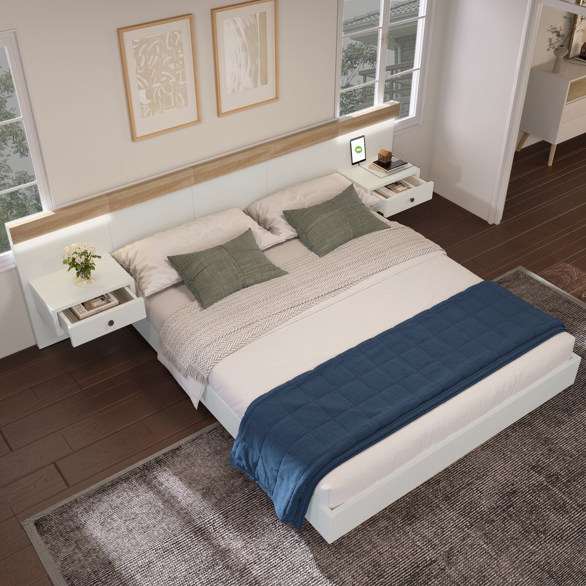 MODFU - Ledikant 160x200 cm – Wit/eiken met zwevend design & 2 LED-nachtkastjes – USB/Type