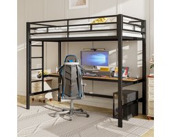 MODFU Hoogslaper 90x200 cm van metaal en MDF – met bureau, leuning en LED-strip – zwart – voor thuisstudie