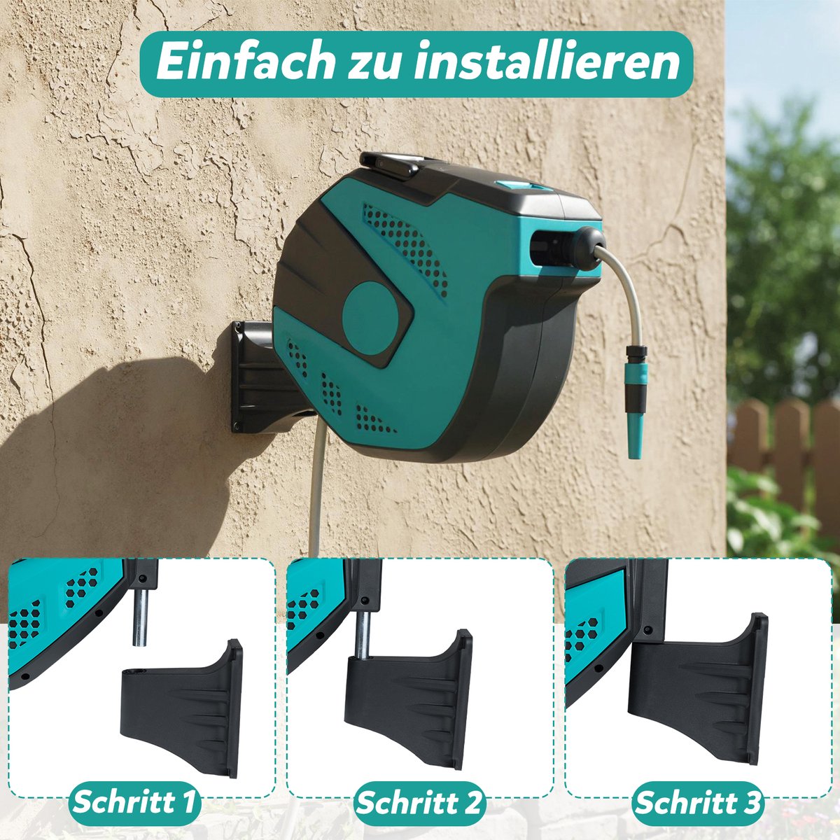 COSTWAY Tuinslangbox, 20 m + 2 m, 180 graden draaibaar, automatisch intrekbaar, persluchtslang, wandhouder, slanghaspel voor tuin, werkplaats en gazon, groen – foto 2