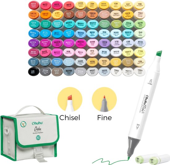 Ohuhu Oahu 80 kleuren Alcohol Art Markers Fine & Chisel in grijs/groen etui