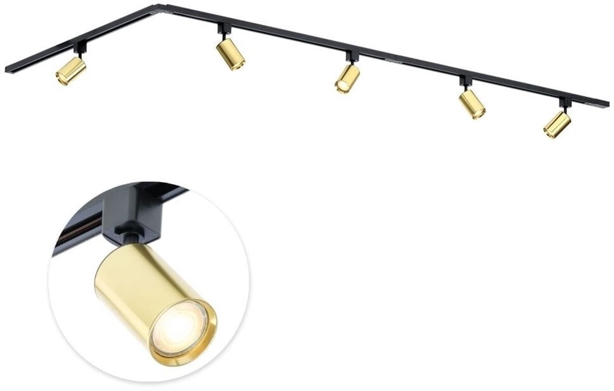 Qub Focus Railverlichting - Goud - 300 cm - L-Vorm - 5x GU10 Spots - Dimbaar - Complete Set