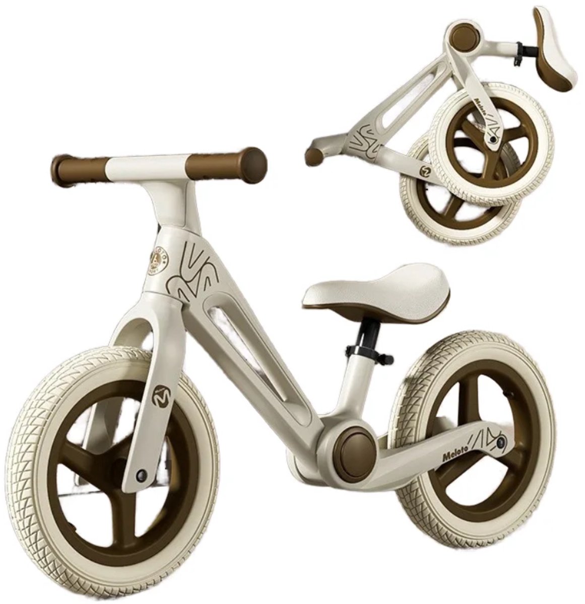 Mogi Products-Lichtgewicht Vouwbaar Magnesium Loopfiets 12 Inch – Luxe Balansfiets voor Peuter & Kind – Verstelbaar Zadel – 2 t/m 5 Jaar – Khaki / Wit