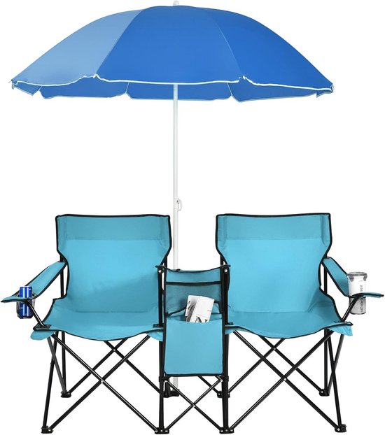 COSTWAY Dubbele Campingstoel Met Parasol – Opvouwbare Visstoel Voor Koppels – Inclusief Bekerhouders En Koeltas – Draagvermogen 100 Kg Per Stoel – Diepblauw – 55 X 85 X 161 Cm 1 miniatura