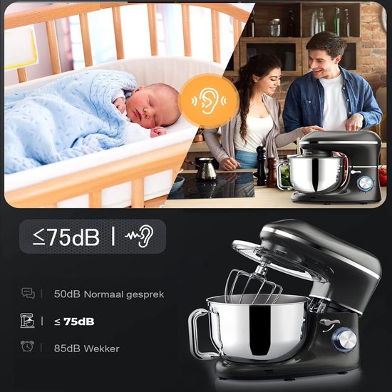 NBAP® Luxe Deegmachine met Spatbescherming - Deegmachine voor Zwaar Deeg - Met Deeghaak en Garde - Kneedmachine - Keukenmachine - Deegmixer met 10 Standen - Zwart met Zilver van NBAP — afbeelding 3