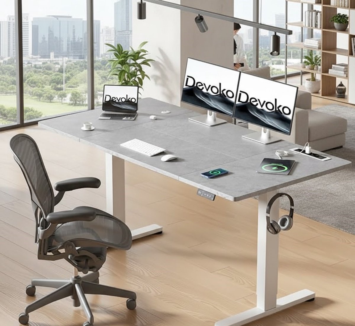 Ergonomisch Elektrisch In Hoogte Verstelbaar Bureau 140x70 cm met USB, Draadloos Opladen en Kabelmanagement – A-Furniture Gaming & Kantoor Bureau