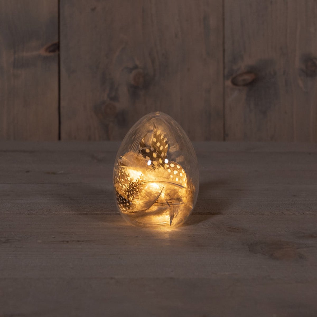 Glazen Paasei met Veren - Transparante Lente Decoratie (D 7 cm, H 10 cm)