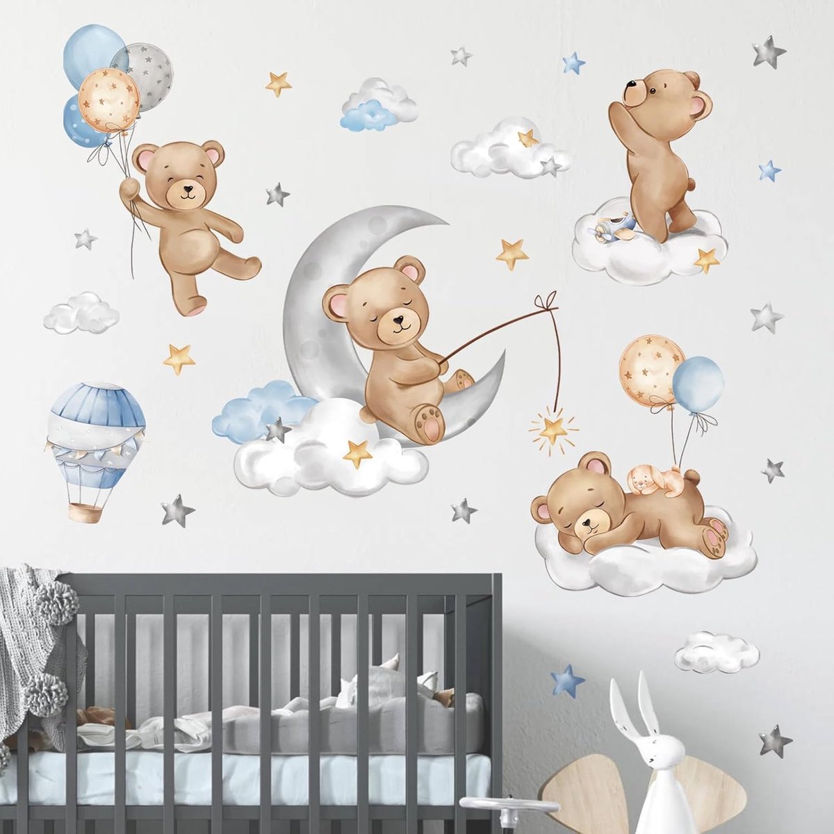 Famanu – Beer Slaapt op de Maan Muurstickers Heteluchtballon Dieren Wolken Muurtattoo Babykinderkamer Kinder Woonkamer Slaapkamer Wanddecoratie