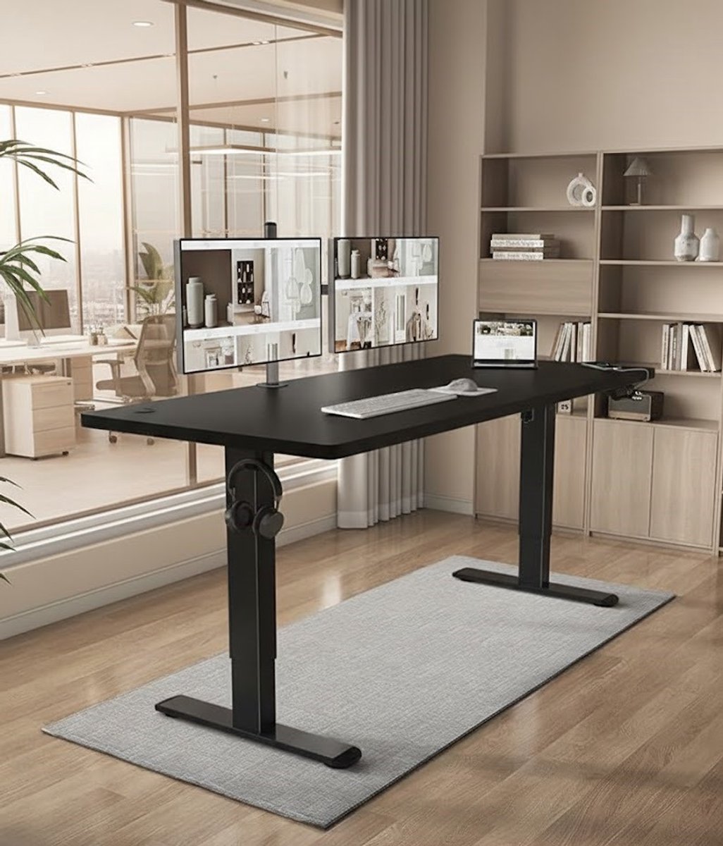 Elektrisch In Hoogte Verstelbaar Bureau 180x80 cm – Staand Bureau met Geheugenfunctie, Kabelbeheer en Stabiel Industrieel Stalen Frame – Ergonomische Computertafel voor Thuis en Kantoor, Zwart A-Furniture