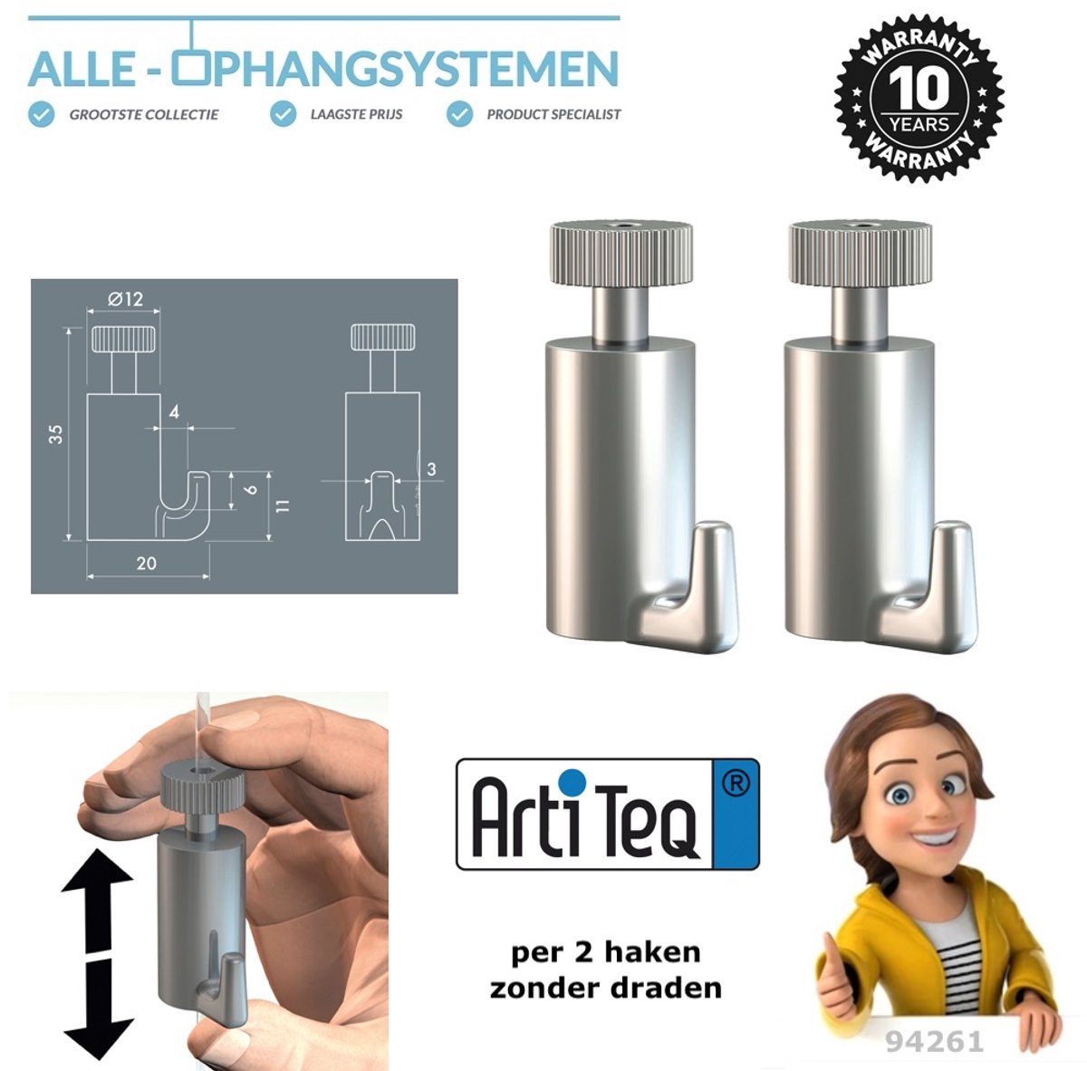 Artiteq 2x Palhaak 94261 – veilig schilderijen ophangen aan schilderijrail - draagvermogen 15kg