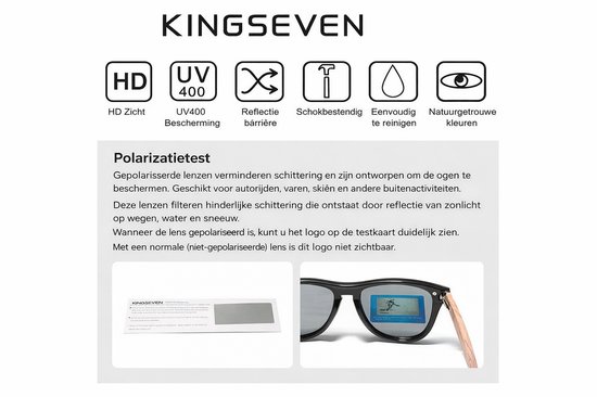 Logo van KINGSEVEN met HD, UV400, reflectie barrière, schokbestendig, eenvoudig te reinigen, natuurgetrouwe kleuren.