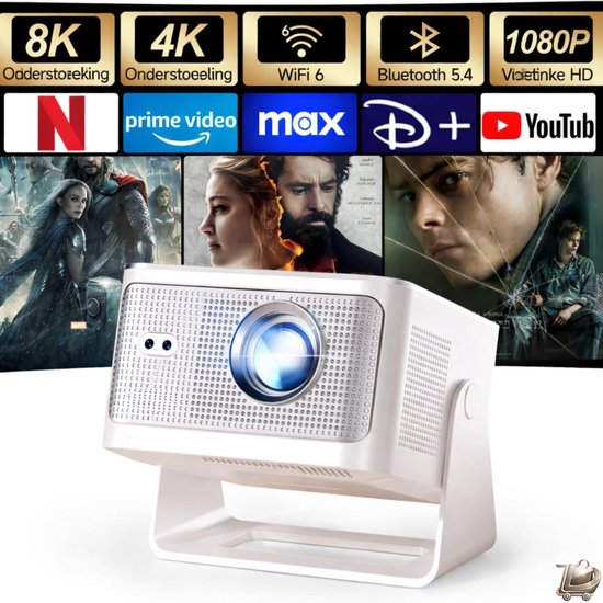 Full HD 1080P Mini Projector 4K/8K Ondersteuning Draagbare Beamer WiFi 6 Bluetooth 5.4 Auto Focus 6D Keystone 12W Speaker 180° Draaibaar