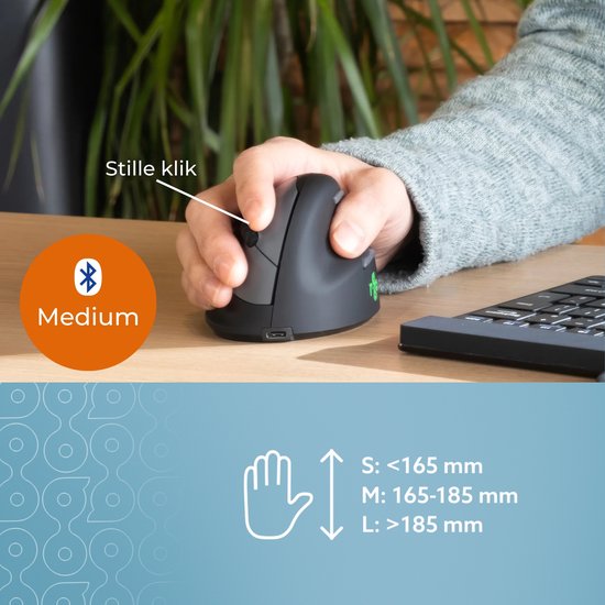 Grijze, ergonomische muis met "Stille klik" en "Medium" indicator, aangesloten via Bluetooth.