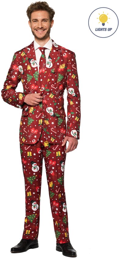 Suitmeister Christmas Red Icons met lichtjes - Verkleedpak - Heren Kerstpak - Kerst Outfit - Rood - Maat L