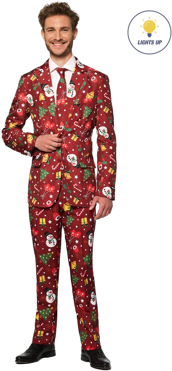 Suitmeister Christmas Red Icons met lichtjes - Verkleedpak - Heren Kerstpak - Kerst Outfit - Rood - Maat L