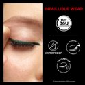 Close-up van oog met groene eyeliner. Tekst: Waterproof, Blendable, Veegproof.
