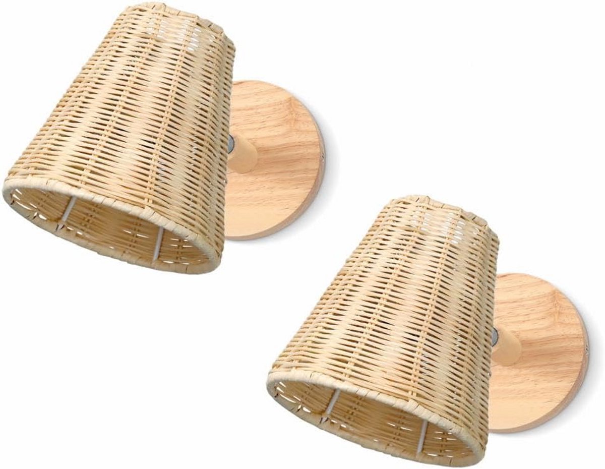 Set van 2 Bamboe Wandlampen met Verstelbare Fitting en Rotan Kap