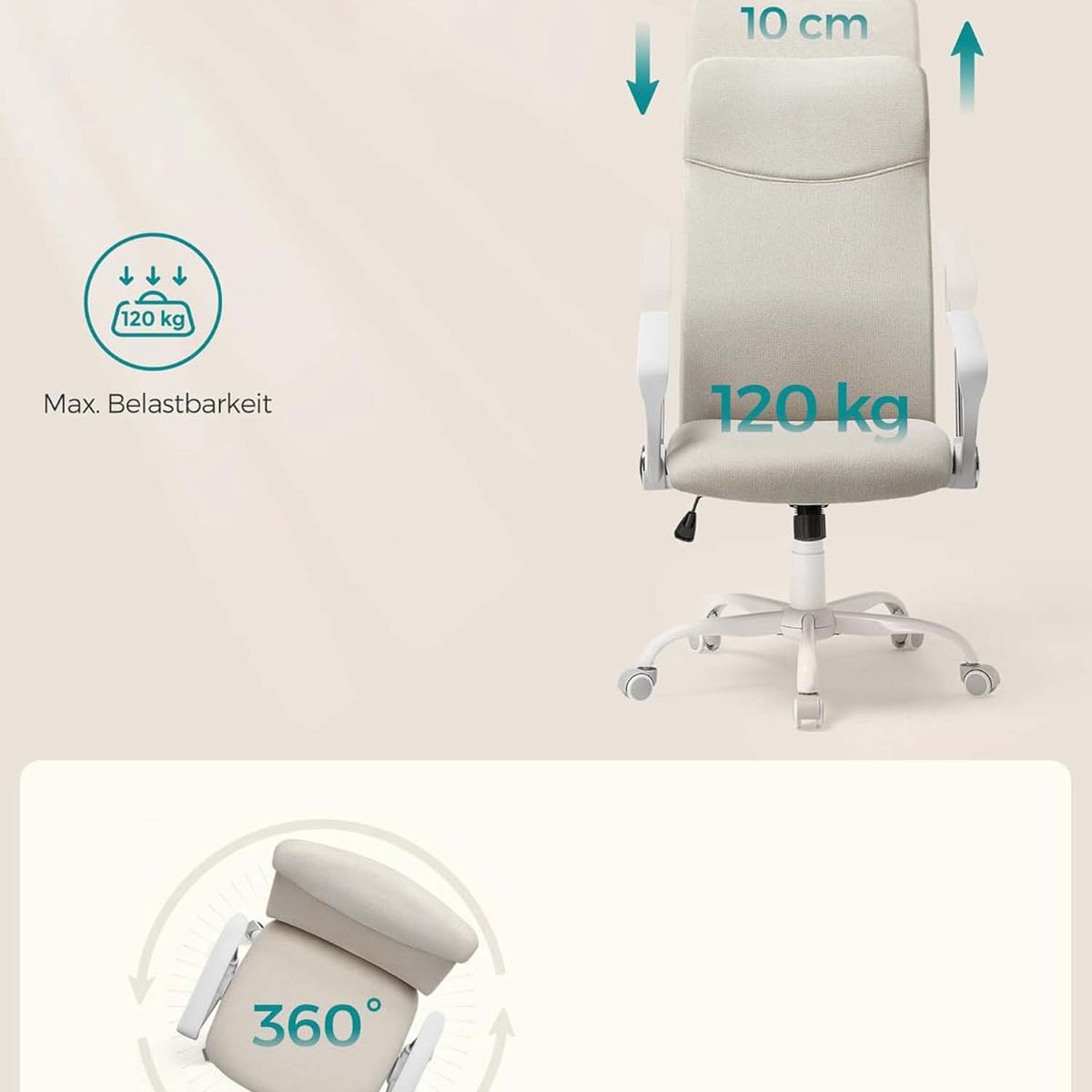 Bureaustoel Ergonomische Draaistoel Beige met Verstelbare - afbeelding 3