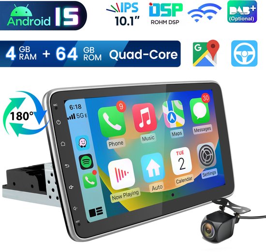 JUNSUN Android 15 Autoradio - 1DIN met Carlay/Android Auto, GPS, WiFi, Bluetooth, RDS, 360° draaibaar scherm met Camera 4+64GB