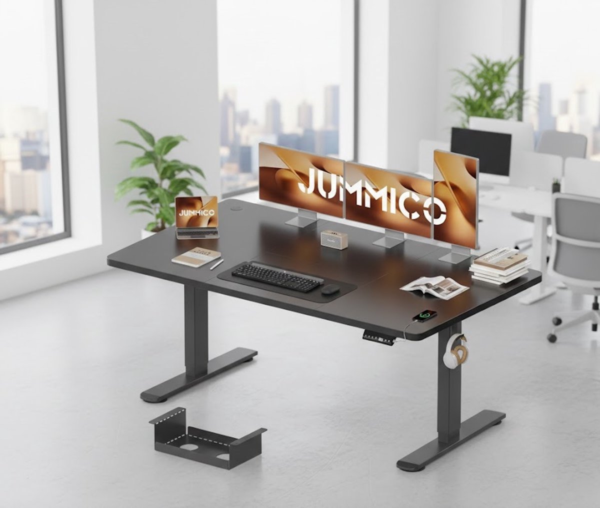 Ergonomisch Elektrisch Verstelbaar Bureau – 160x80 cm – Sta-Zit Bureau met USB-aansluiting, Kabelgoot en T-vormig Stabiel Frame – Modern Kantoormeubel in Zwart A-Furniture