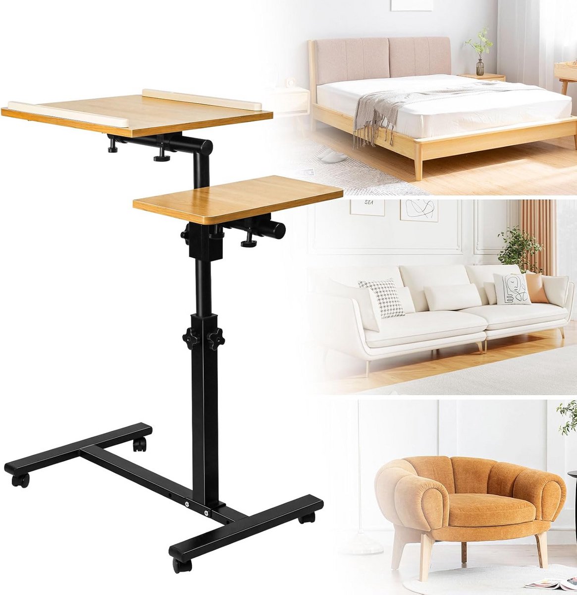 Verstelbare Bedtafel met Wieltjes en Dubbele Tray voor Bank of Fauteuil