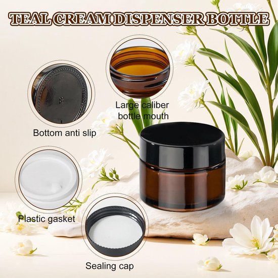 6-delige set glazen zalfpotjes en flessen, amberkleurig, 50 ml en 20 ml, met deksel. Ideaal voor cosmetica. — afbeelding 4