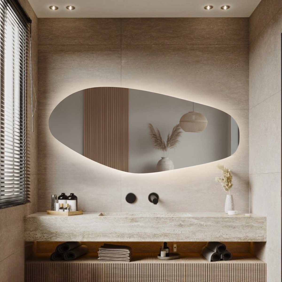 Lumoire® Spiegel Met Verlichting - 120 CM Organisch - Badkamerspiegel - Asymmetrisch - Sensorbediening